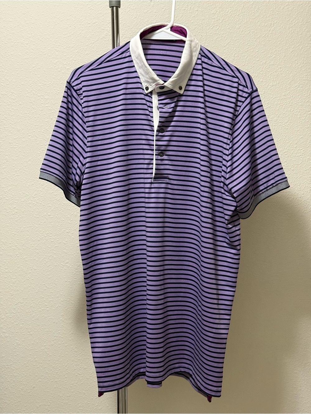 Greyson Golf Men's Purple Striped Polo Shirt with White Contrast Collar